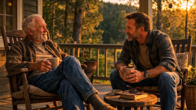 Two men talking on a porch. Two men talking on a porch.
