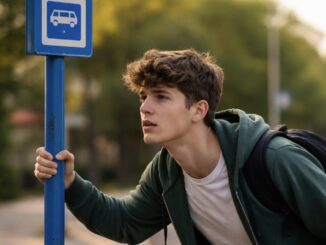 Man waiting at a bus stop sign.