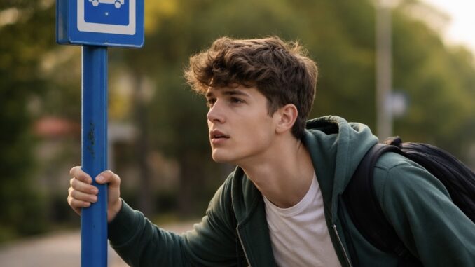Man waiting at a bus stop sign.