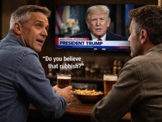 Two men watching President Trump on TV.