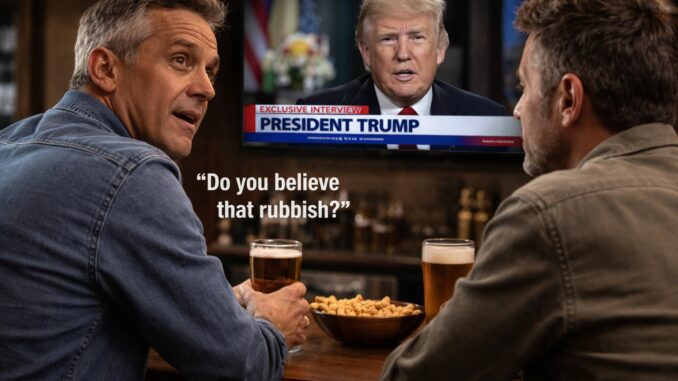 Two men watching President Trump on TV. Two men watching President Trump on TV.