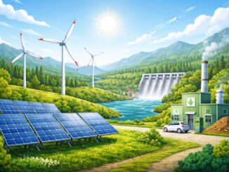 Renewable energy landscape with solar and wind.