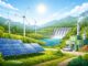 Renewable energy landscape with solar and wind.