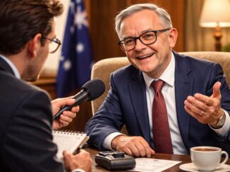 Politician being interviewed in office setting.