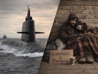 Submarine juxtaposed with homeless man and child.