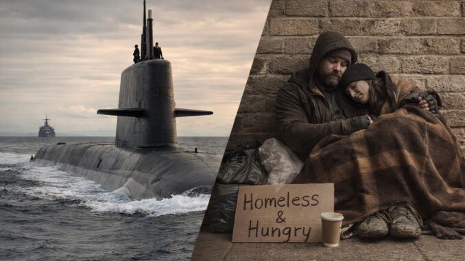 Submarine juxtaposed with homeless man and child.