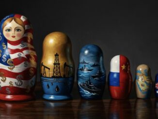 Nesting dolls with national flag designs.