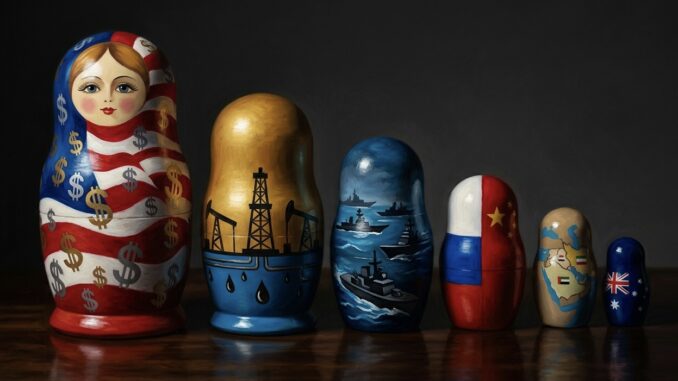 Nesting dolls with national flag designs. Nesting dolls with national flag designs.