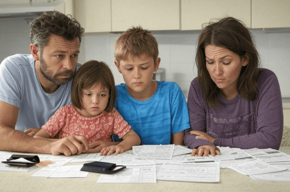 Parents and children studying monthly bills Parents and children studying monthly bills