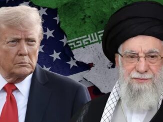 Two leaders with U.S. and Iran flags.