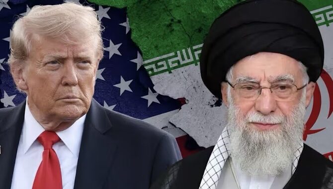 Two leaders with U.S. and Iran flags. Two leaders with U.S. and Iran flags.