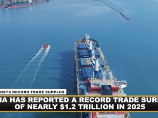 Cargo ship with record trade surplus headline.