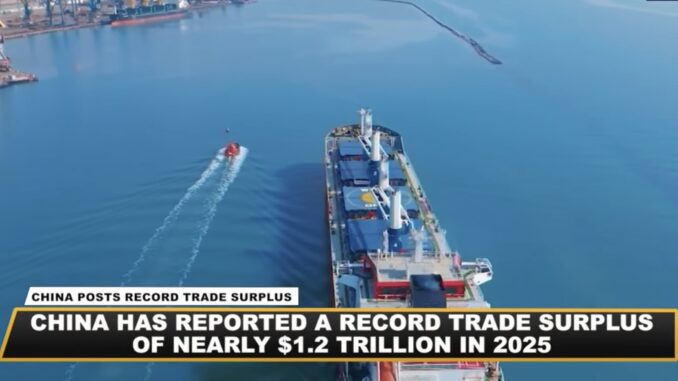 Cargo ship with record trade surplus headline. Cargo ship with record trade surplus headline.