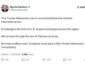 Tweet criticizing war as unconstitutional and dangerous.