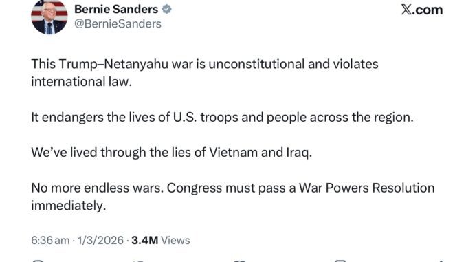 Tweet criticizing war as unconstitutional and dangerous. Tweet criticizing war as unconstitutional and dangerous.
