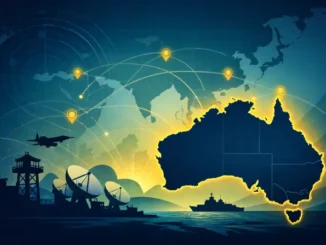 Australia map with technology and defense symbols.