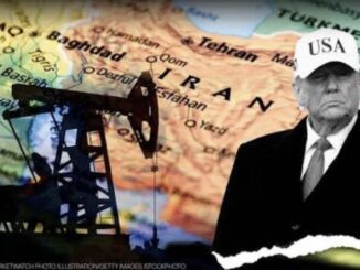 Oil pump and person over Iran map.