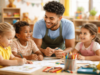 Teacher and children drawing at a table.