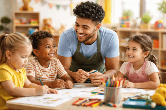 Teacher and children drawing at a table.