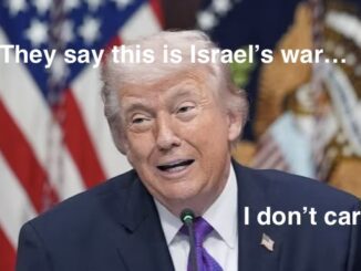 Man speaking with American flag background, text overlay.