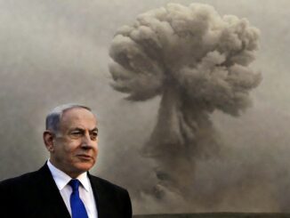 Man in suit with large explosion behind.