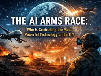 Soldier observing AI technology in futuristic battlefield.