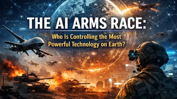 Soldier observing AI technology in futuristic battlefield.