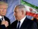Two men shaking hands, Iranian flag background.