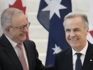 Two men in suits smiling beside national flags