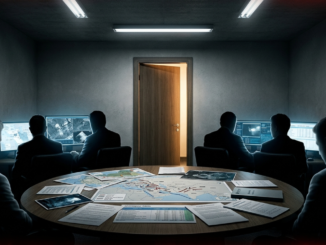 People working in a dimly lit control room.