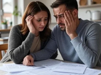 Couple worriedly looking at financial documents.