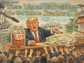 Cartoon of president distributing lies to crowd.