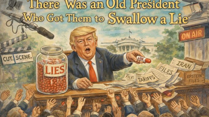 Cartoon of president distributing lies to crowd. Cartoon of president distributing lies to crowd.