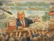 Cartoon of president distributing lies to crowd.