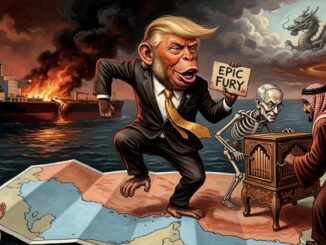 Surreal political caricature with burning ship.