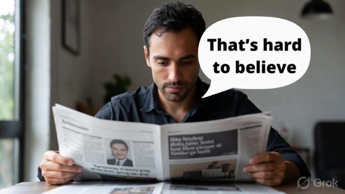 Man reading newspaper, speech bubble says: "That's hard.