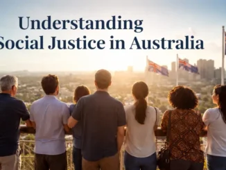 Group observing cityscape under Australian flags.