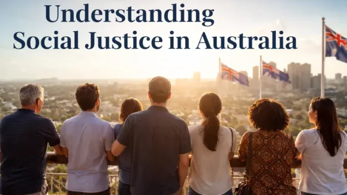 Group observing cityscape under Australian flags.