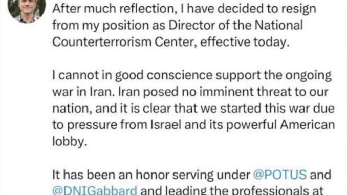 Social media post about resignation and Iran war.