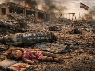 War-torn landscape with doll and missile.
