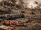 War-torn landscape with doll and missile.