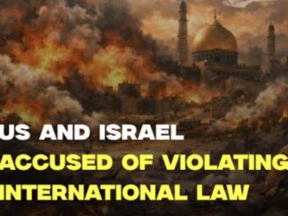 Cityscape engulfed in flames, international law accusation.