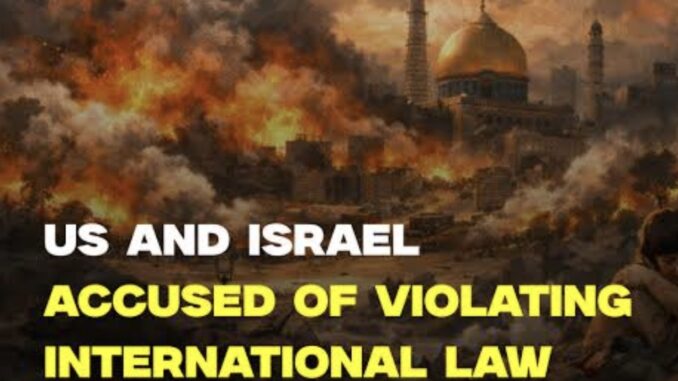 Cityscape engulfed in flames, international law accusation.