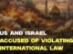 Cityscape engulfed in flames, international law accusation.