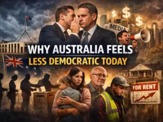 Australia democracy debate with political imagery.