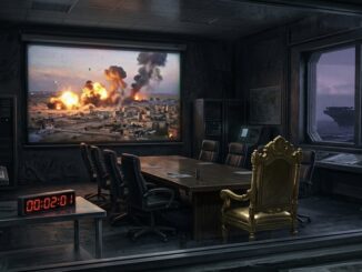 Command center with explosion on screen.