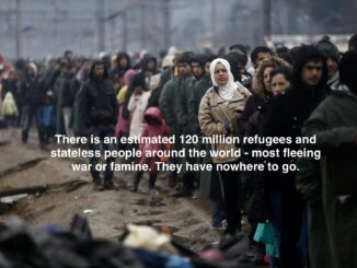 Refugees standing in a long line outdoors.