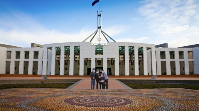 Parliament House with people in front.