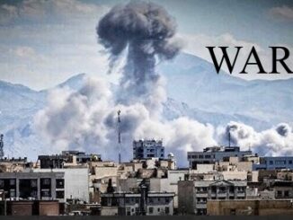 City skyline with war explosion background.