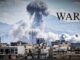 City skyline with war explosion background.